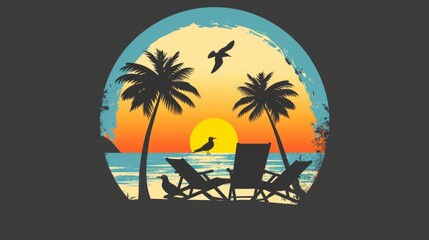 Tropical summer beach logo icon with palm trees, umbrella and daybed at seaside with sun and flying gulls. Isolated vector emblem for summer travel