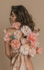 A beautiful bouquet of flowers in pink and beige paper wrapped around the woman's back, holding it with her hands behind her head against a beige background
