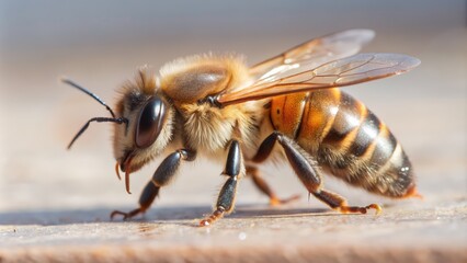 Honey Bee Walking Isolated on White Background with Detailed Close-Up