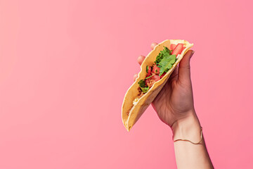 Close up of Hand Holding a Fresh Taco Against a Pink Background