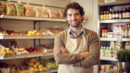 Fototapeta premium Convenient Store Supermarket Worker Smiling with Arms Crossed