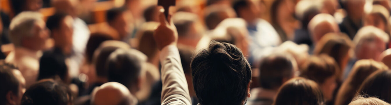 Auction Enthusiast Raising Bid Paddle in a Crowded Event with Diverse Attendees