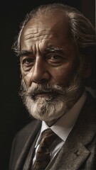 Obraz premium generative ai, Moody Portrait Photography, Elderly Man with a Distinguished Mustache and Glasses in Formal Attire