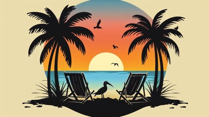 Fototapeta premium Tropical summer beach logo icon with palm trees, umbrella and daybed at seaside with sun and flying gulls. Isolated vector emblem for summer travel