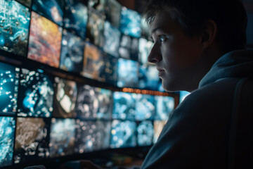 Cybersecurity Specialist Monitoring Multiple Screens in Dark Room