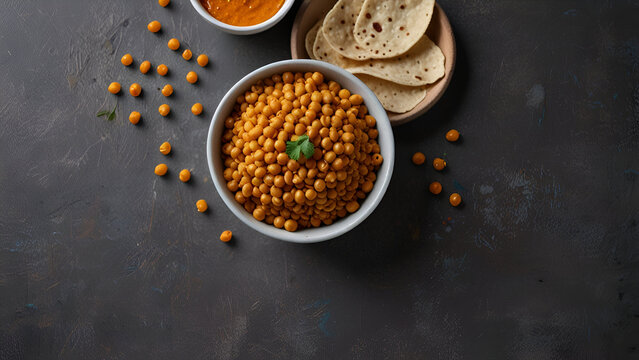 pile of roasted or fried bengal gram on a gray textured background, also known as chenna dal or pori or pottu kadalai,healthy indian crispy snack taken from above with copy space
