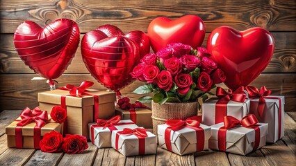 Colorful assortment of romantic Valentine's Day gifts, including heart-shaped balloons, bouquets of red roses, and elegantly wrapped boxes with satin ribbons and bows.