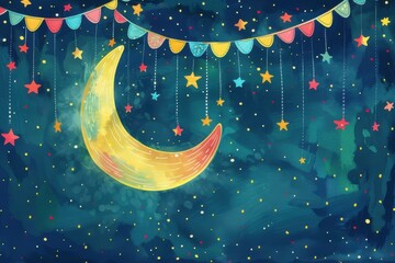 優しいタッチの水彩画で描かれた夜空の夢幻的な雰囲気（水彩画・夜空・星・三日月）