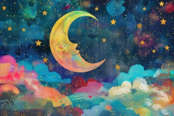 優しいタッチの水彩画で描かれた夜空の夢幻的な雰囲気（水彩画・夜空・星・三日月）