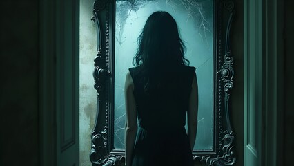 Haunting Reflection: Woman Facing Cracked Mirror in Eerie Glow
