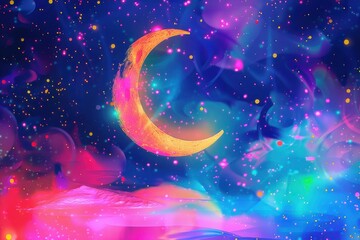 優しいタッチの水彩画で描かれた夜空の夢幻的な雰囲気（水彩画・夜空・星・三日月）