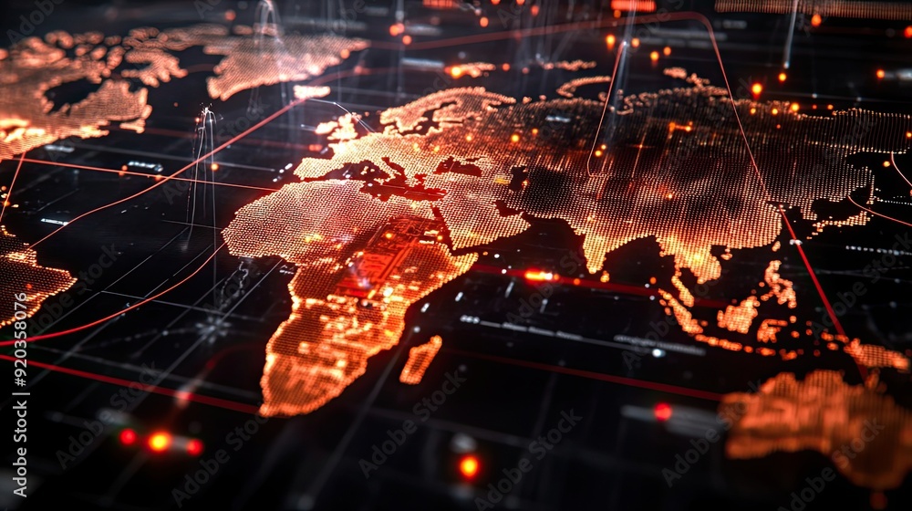 Aufkleber a digital world map with illuminated continents and red lines