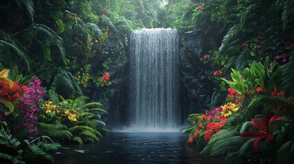Tranquil Waterfall in Lush Tropical Rainforest