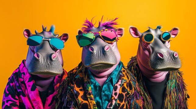 Three hippos in bright and extravagant outfits with sunglasses on an orange background. Their looks are comic and creative