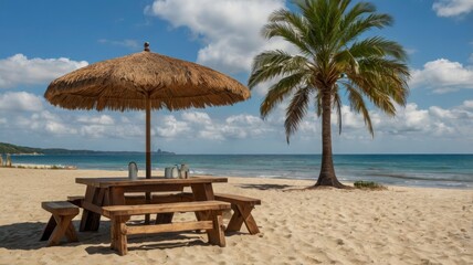 Beach scene with wooden table and sea 