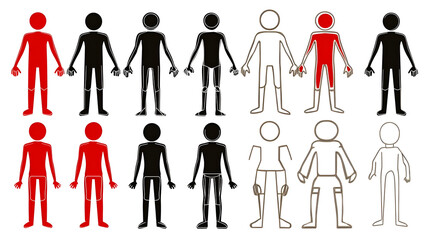 A collection of stylized human figures in various colors and poses for graphic design use.