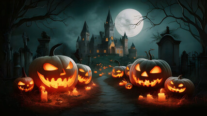 Free Photo mystical illustration background bloody moon with silhouettes of scary characters pumpkin, generative Ai