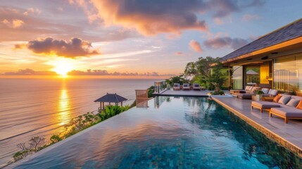 Obraz premium A luxury villa with an infinity pool offering breathtaking ocean views at sunset, perfect for promoting high-end real estate, luxury vacation rentals, and tropical resorts 