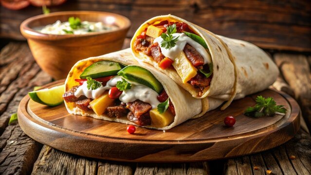 A mouthwatering gourmet burrito overflowing with seasoned beef, crispy bacon, avocado, sour cream, and melted cheese, wrapped in a large flour tortilla on a rustic wooden plate.