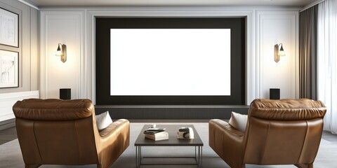 A home cinema room with a large screen, leather armchairs and soft natural lighting