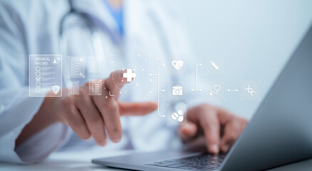 Medical performance checklist, Medical worker using laptop doing online checklist survey, filling...