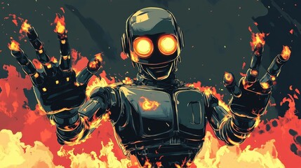 Robot Illustration with Blazing Hands and Body in Anime Comic Style