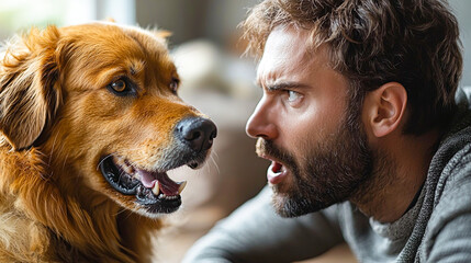 Desperate Pet Owner Soothing Angry Dog in Tense Moment of Conflict