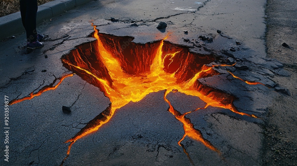 Wall mural Anamorphosis 3D Painting on Asphalt Featuring a Large Deep Fault with Boiling Lava