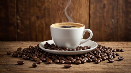Obraz premium Coffee cup and beans on wooden backdrop banner