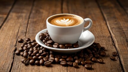 Obraz premium Coffee cup with beans, wooden background concept 