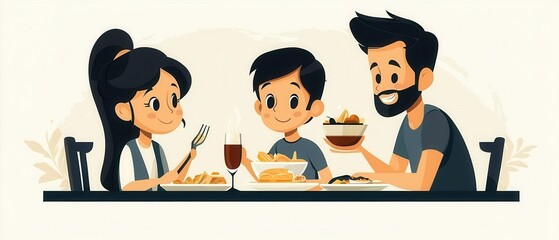 A joyful family meal featuring a father, mother, and child enjoying food together at a table, showcasing love and togetherness.