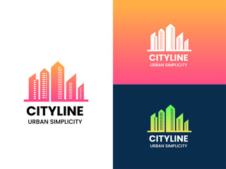 City skyline logo in simple design with urban gradient colors in pink, yellow, and white. Suitable for modern branding projects.