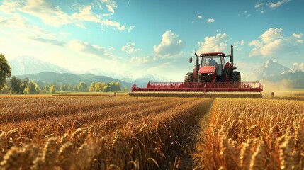 Naklejka premium A high-resolution 3D animation of a bustling agricultural landscape filled with advanced machinery and abundant crops The vibrant scene represents the booming economy with a focus on sustainable