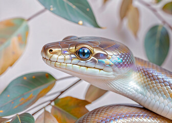 Fototapeta premium a beautiful snake with shades of color on a light background with leaves 