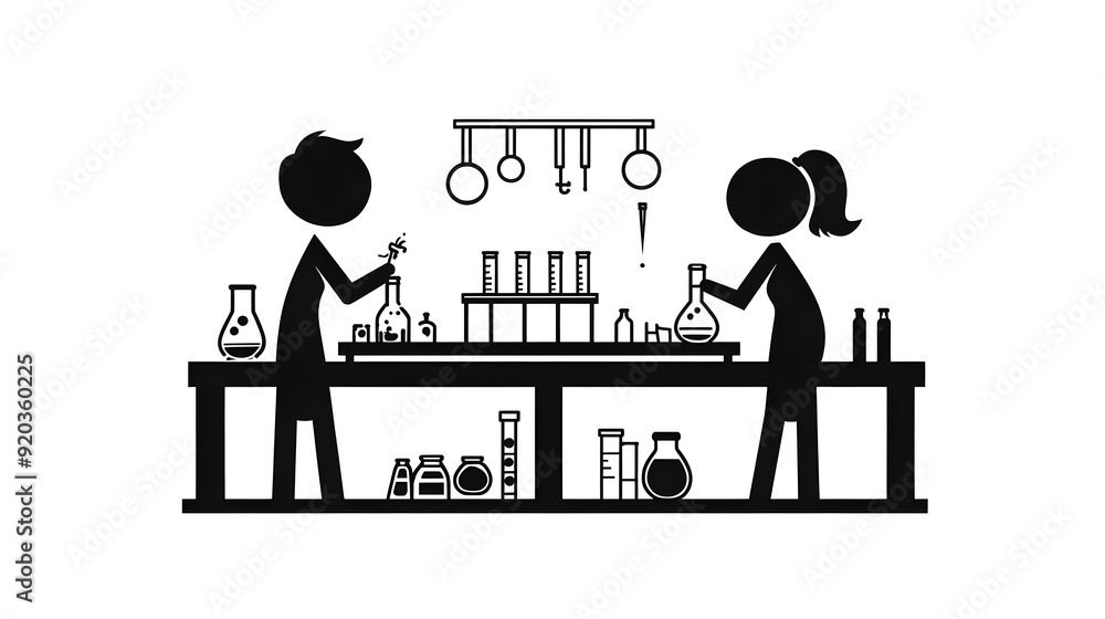 Poster silhouette of two figures conducting experiments in a laboratory setting.