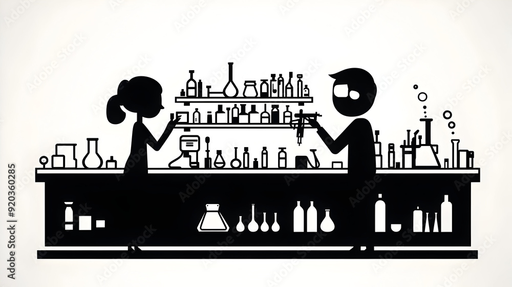Poster silhouette of two scientists working in a laboratory filled with various glassware and equipment.