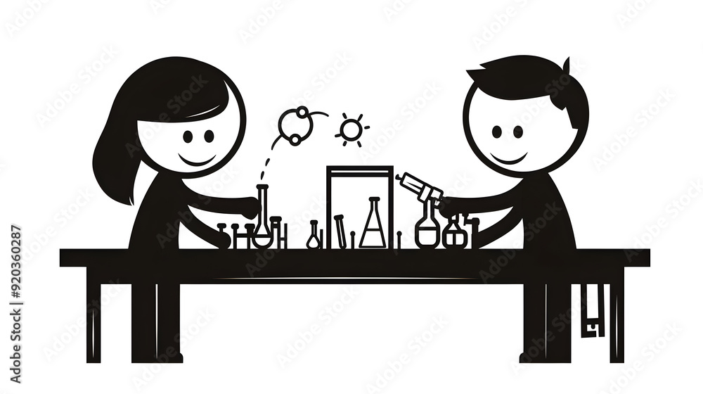 Poster two characters conducting experiments at a table with various scientific equipment.