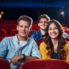 Obraz premium beautiful British young adults at the cinema, AI generated
