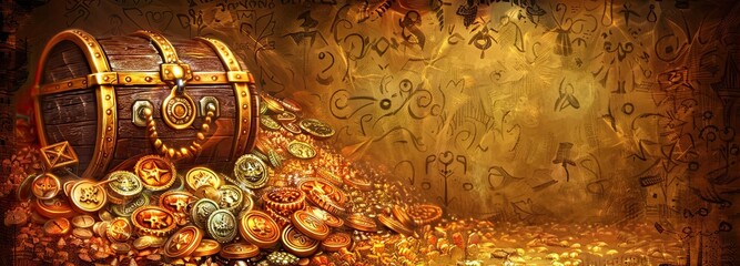 Naklejka premium An Open Wooden Treasure Chest Filled with Gold Coins