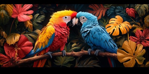 Fototapeta premium Tropical Love: Parrots Kissing in a Colorful Mural, generative ai