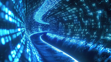 Long Digital Pipeline Formed by Vibrant Glowing Blue Matrix Binary Code