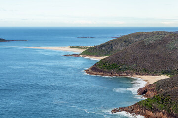 Panoramic views from Tomaree Mountain, overlooking Tomaree National Park and the rugged Australian coastline, NSW