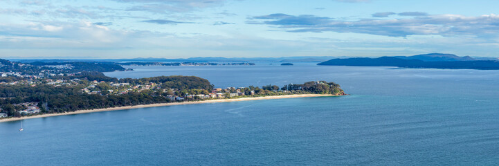 Panoramic views from Tomaree Mountain, overlooking Port Stephens and the rugged Australian coastline, NSW