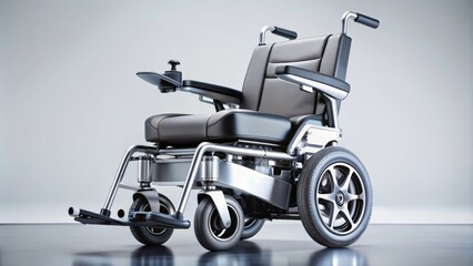 Fototapeta premium A sleek, silver, high-tech wheelchair with sturdy wheels and adjustable armrests, showcasing modern accessibility and mobility for individuals with disabilities.
