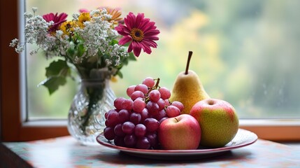 Apple, Pear, and Grapes on a Plate Next to a Vase of Flowers