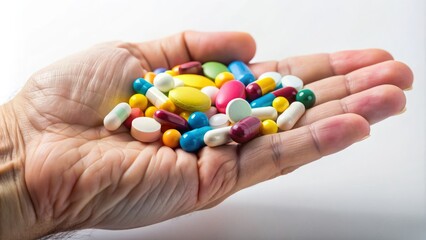 A solitary hand clasps a palmful of assorted colorful pills, with a few spilling onto a smooth white surface, conveying health, medicine, and treatment.