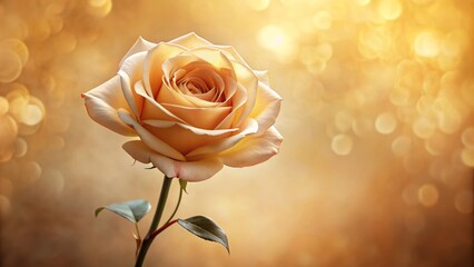 A solitary, long-stemmed rose with delicate petals and soft, golden hues is beautifully lit against a warm, creamy background, exuding elegance and romance.