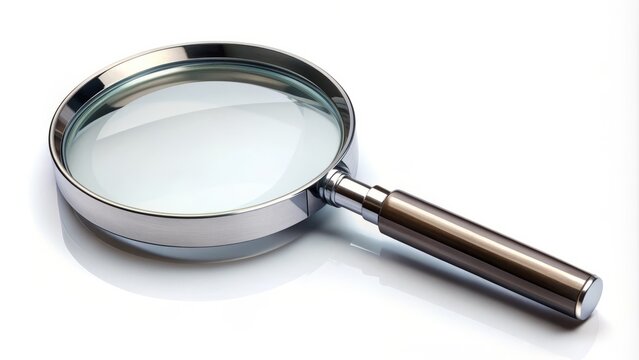 recommend clip art: A solitary magnifying glass lies on a white background, its circular lens and metallic handle gleaming in the light, waiting for inspection and discovery.