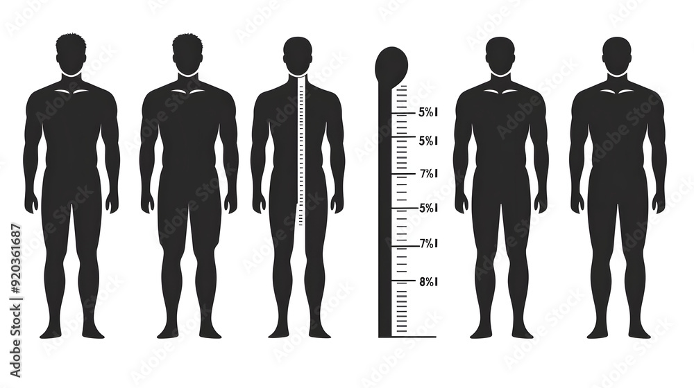 Poster silhouettes of male figures with a height measurement scale for visual reference.