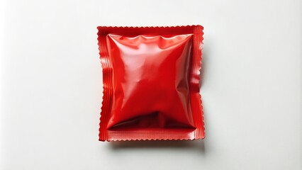 A solitary red ketchup packet lies on a crisp white background, its vibrant color and compact shape evoking convenience and tangy flavor in a minimalist setting.